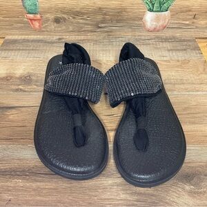 Sanuk women’s yoga flip flops sequined size 5 black silver bling mobwife